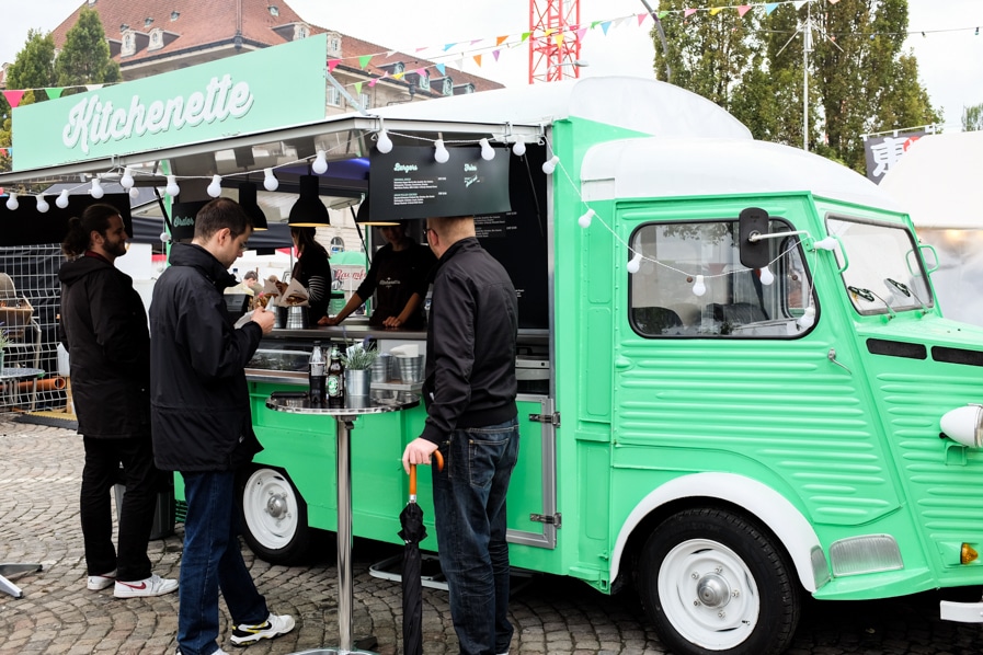 {Burgers were popular at this year's street food festival. I loved this retro green food truck!}