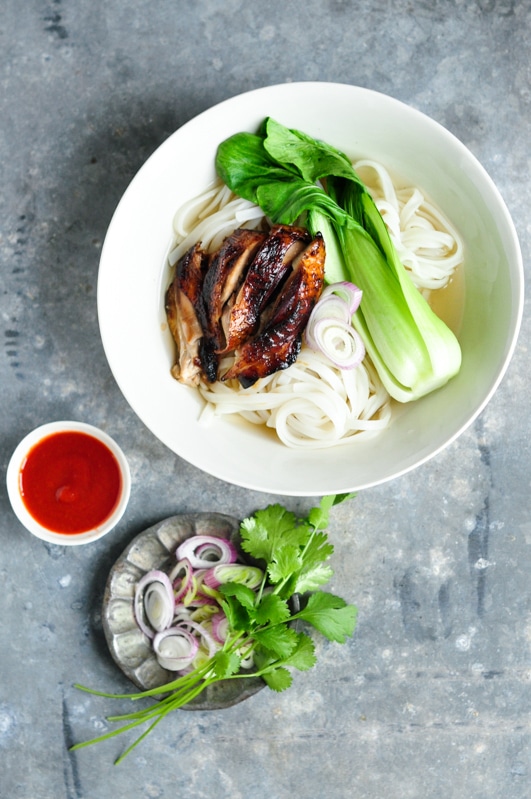 sticky chicken pho with fresh herbs on plate