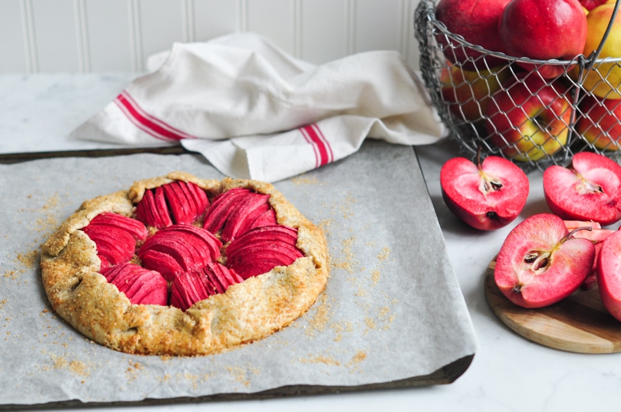red love apple galette on baking tray
