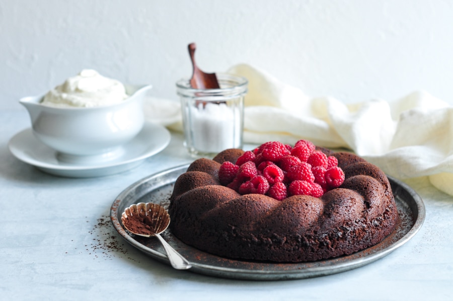 salted butter chocolate cake with dusted cocoa