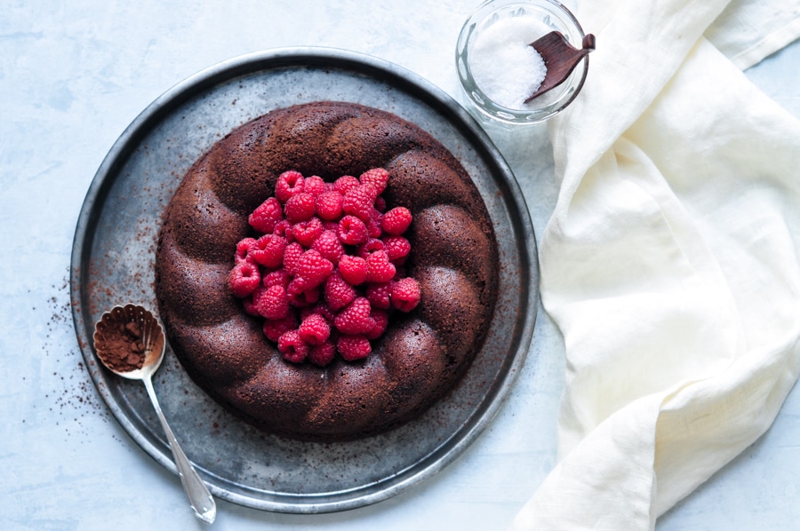 salted butter chocolate cake with raspberries