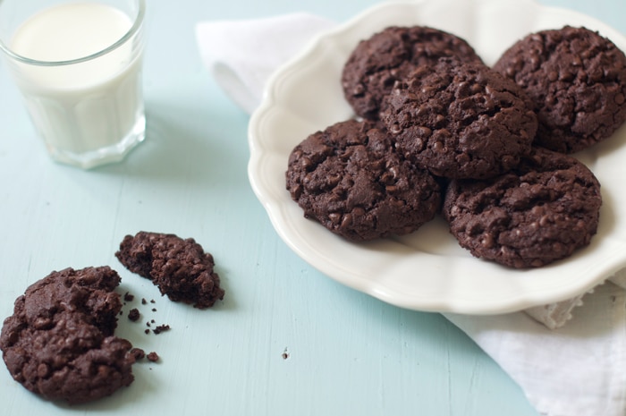 double chocolate chip cookies on white plate with white napkin