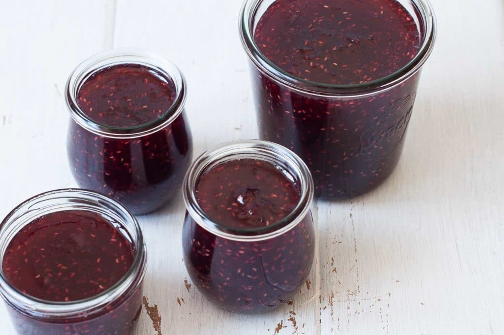 peach and raspberry jam in weck jars
