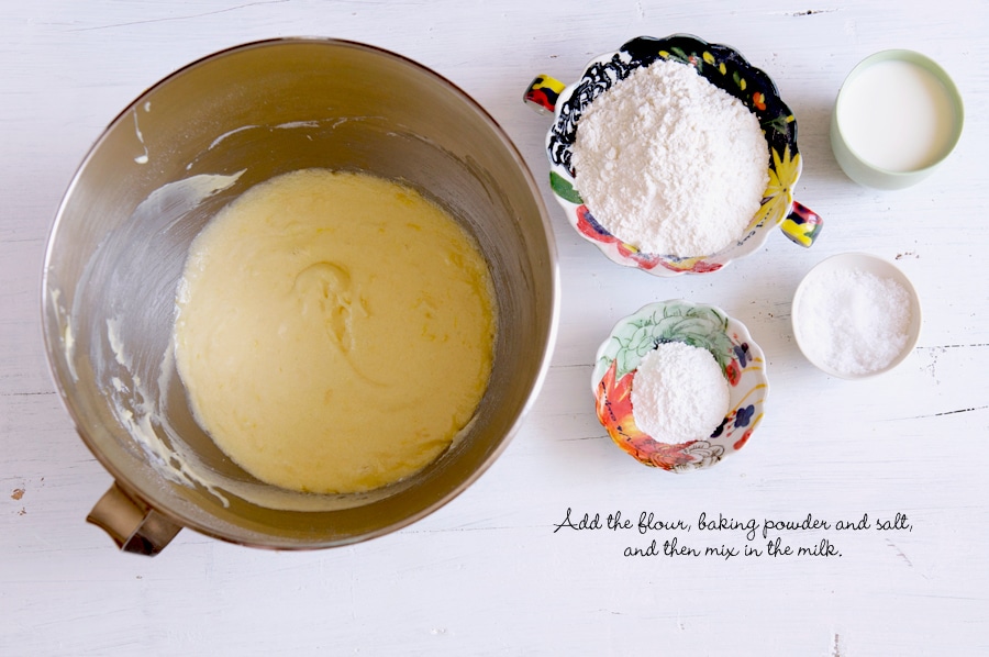 how to make lemon syrup cake, adding dry ingredients to wet ingredients