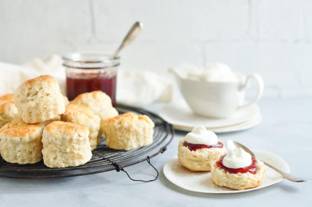 plain scones with jam and cream on plate