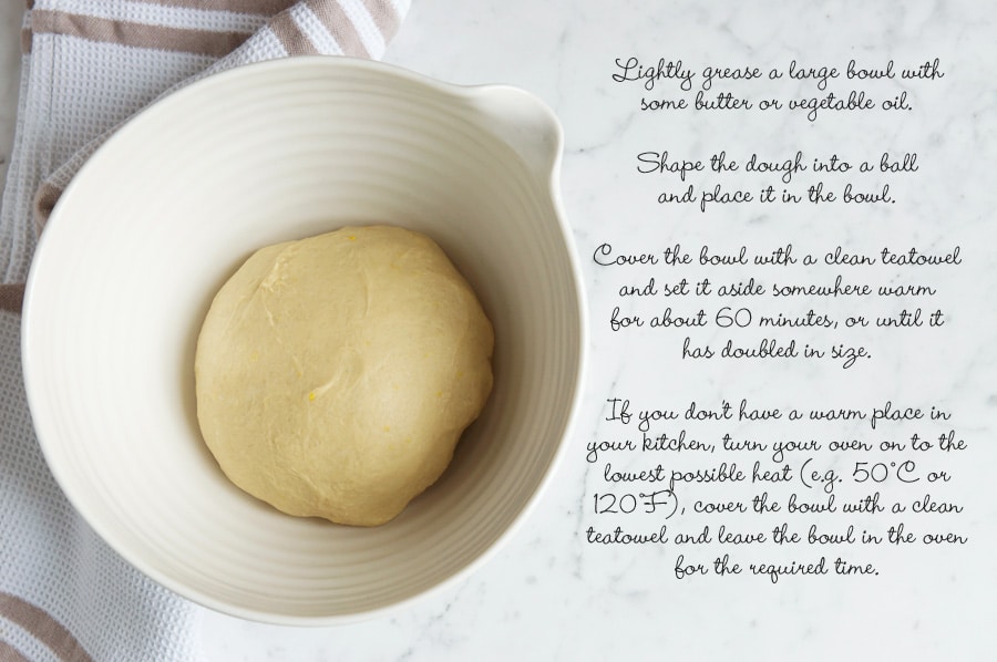 Step by step photos for making fruit loaf. Ball of dough in large mixing bowl before proving.
