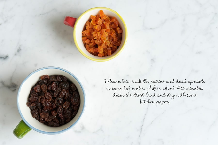 Step by step photos for making fruit loaf. Cups of dried apricots and raisins.