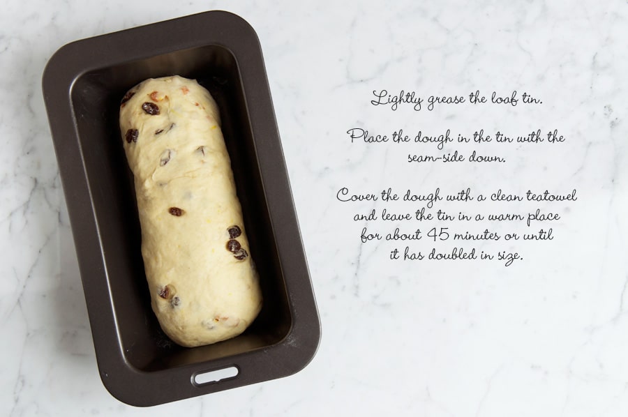 Step by step photos for making fruit loaf. Bread dough in baking tin before proving.