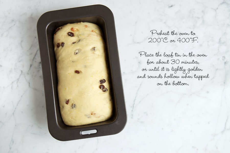 Step by step photos for making fruit loaf. Bread dough in baking tin after proving.