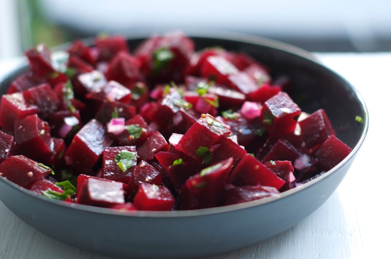 {Roasted beetroot salad with a tangy vinaigrette}