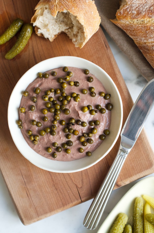 chicken liver pate with green peppercorns with cornichons