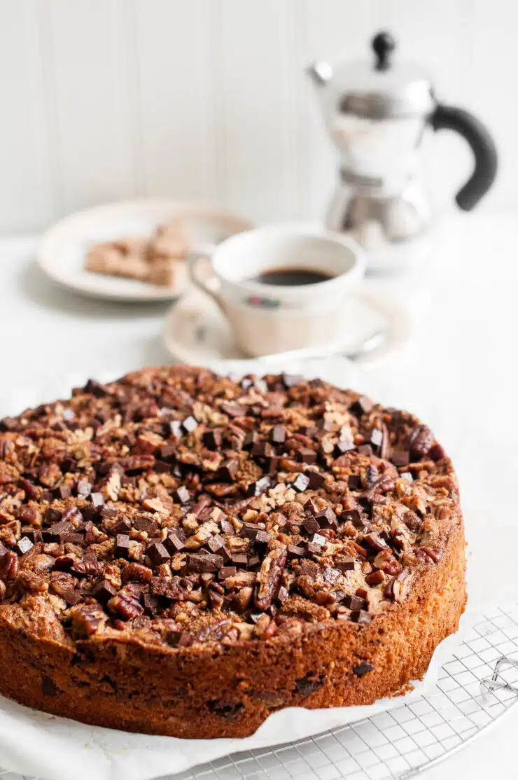 chocolate pecan coffee cake with coffee pot