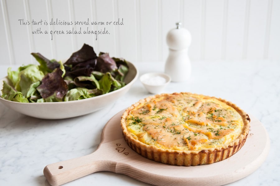 smoked salmon potato dill tart with pepper grinder