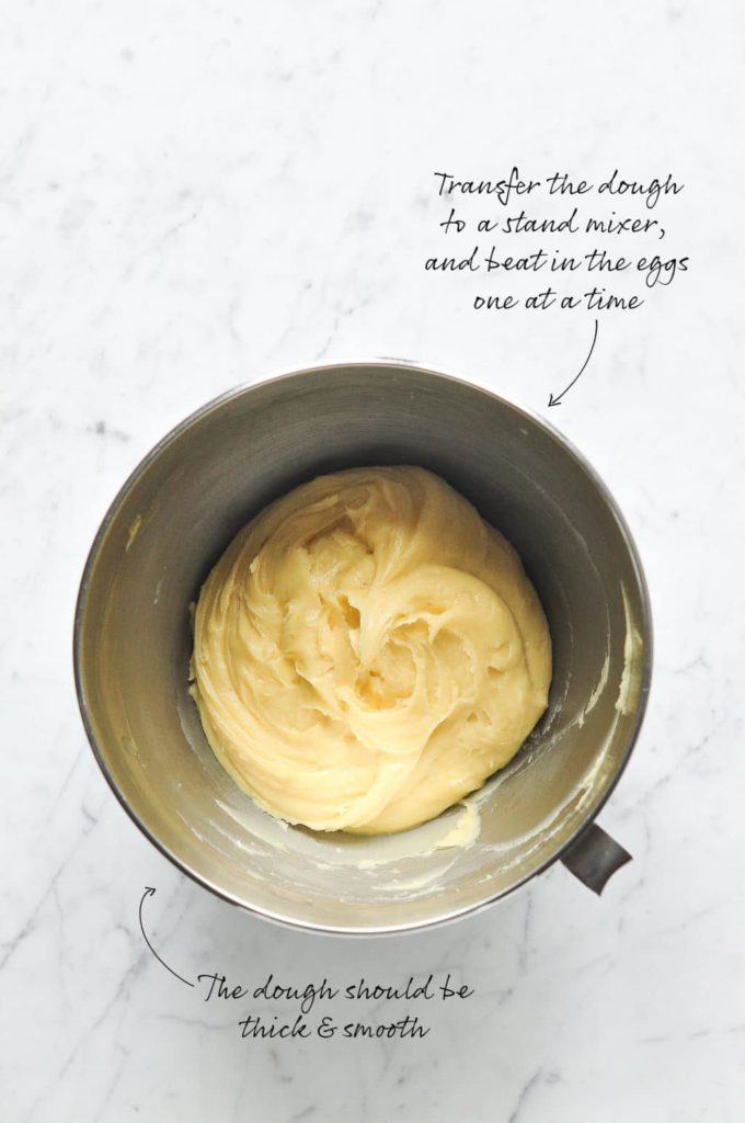 How to make choux pastry. Beat in the eggs one at a time.