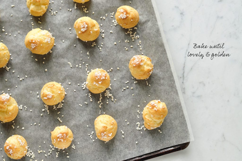 How to make chouquettes (French cream puffs). Bake until lovely and golden.