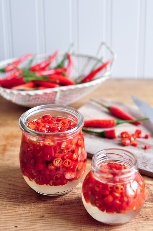 pickled chillies in weck glass jars