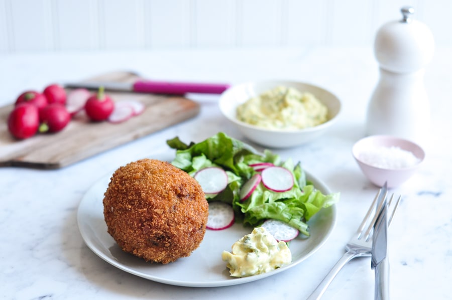 scotch eggs whole with herb mayonnaise