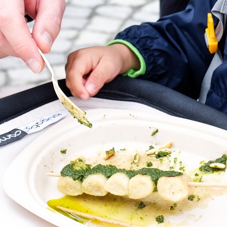 {Gnocchi with pesto on a stick - a smart snack idea.}