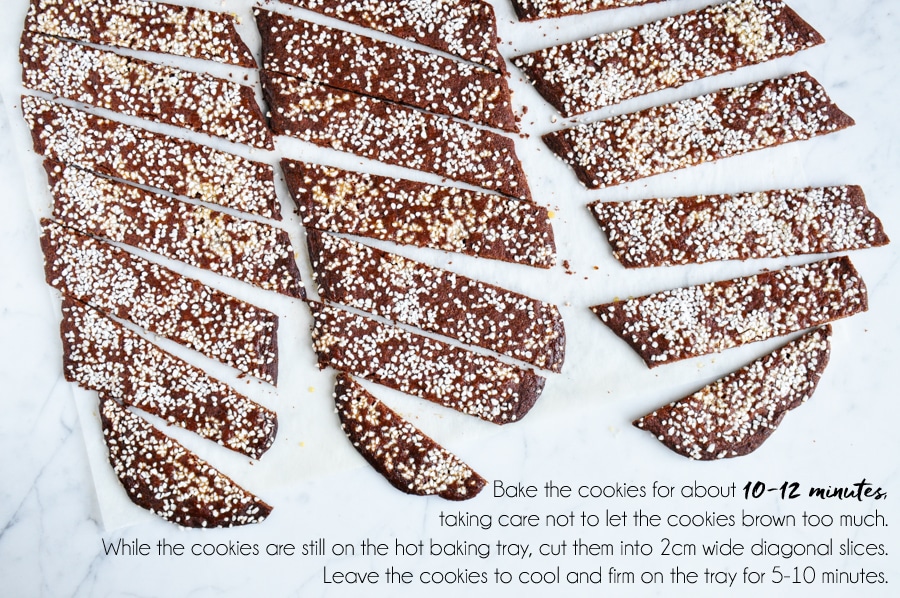 swedish chocolate cookies (chokladsnittar) sliced on baking tray
