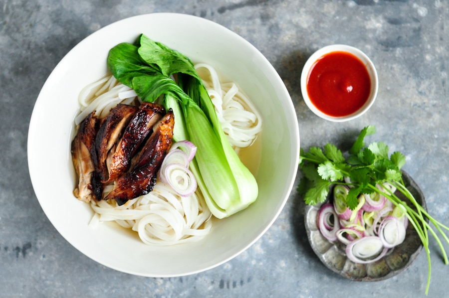 sticky chicken pho with bok choy in bowl