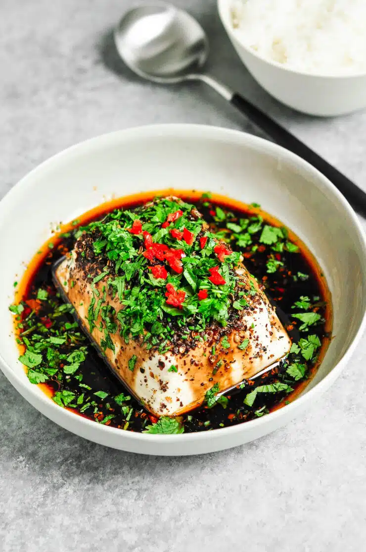 steamed tofu with soy chillies and rice