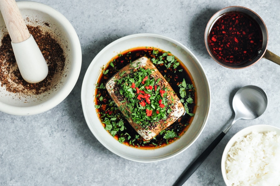 steamed tofu with soy chillies sichuan pepper with mortar and pestle