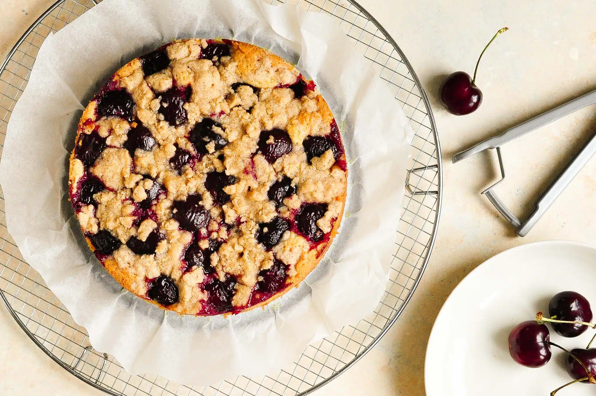 cherry crumble cake with cherry pitter