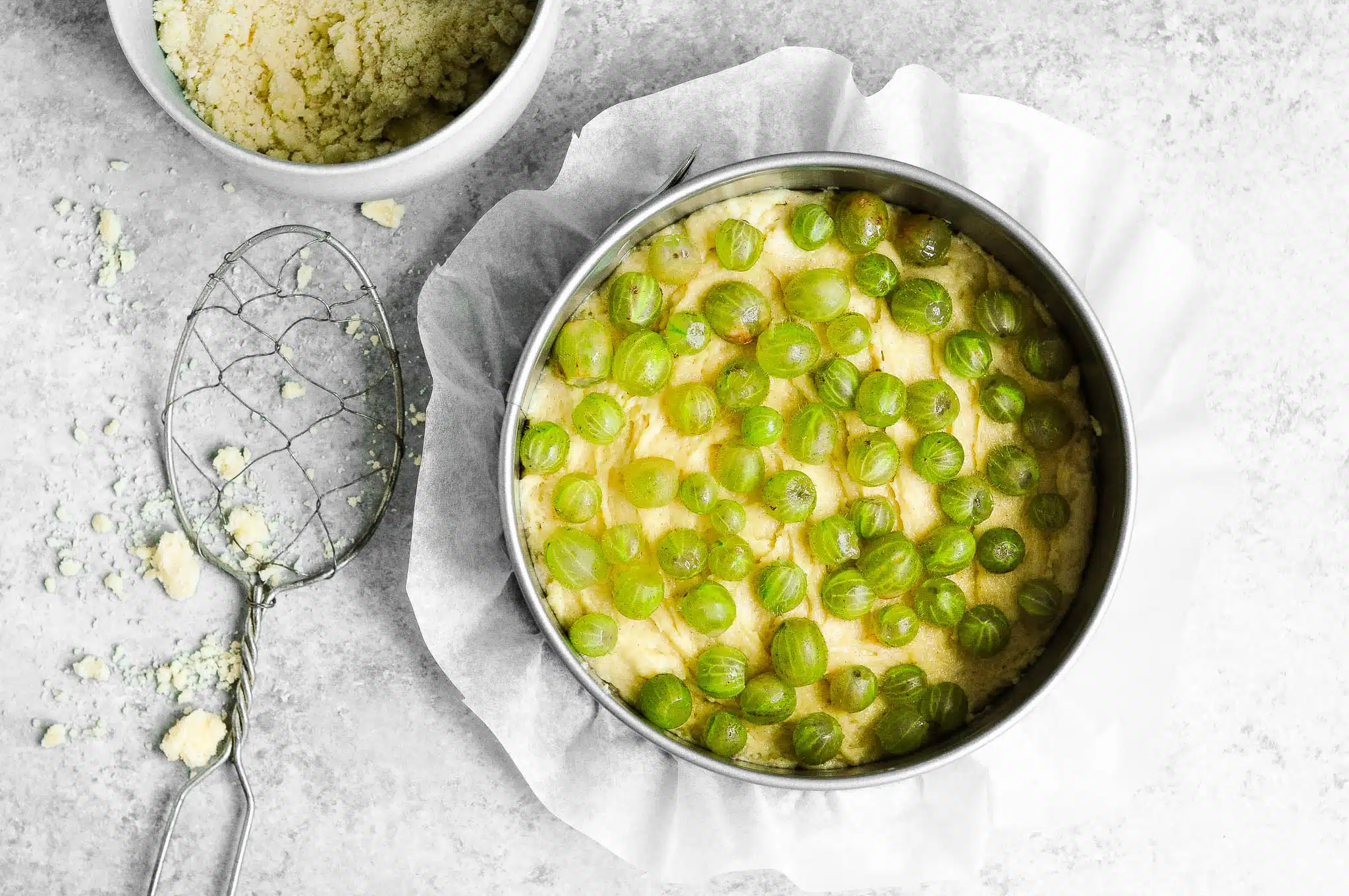 gooseberry crumble cake before baking