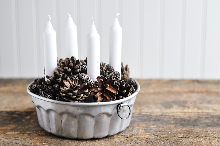 advent candles in vintage bundt tin
