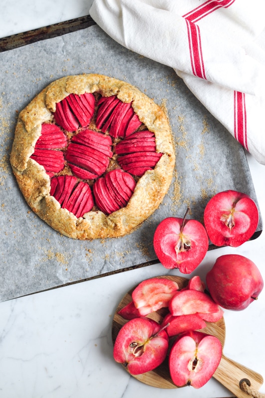 red love apple galette with sliced apples