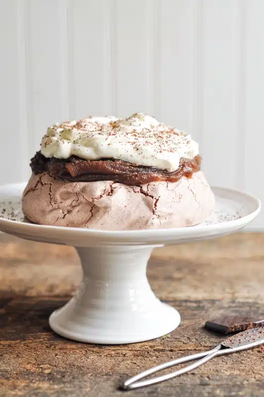 chocolate pavlova recipe featuring chocolate pavlova with chestnut purée with chocolate grater