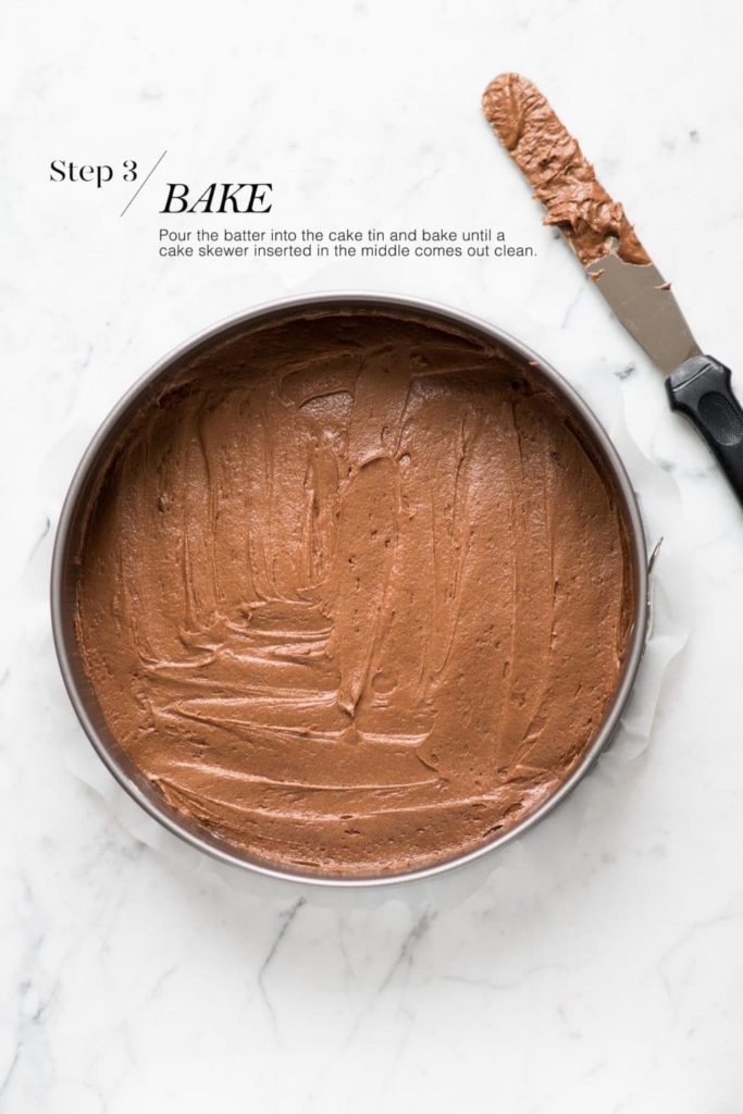 easy chocolate cake recipe, cake batter in cake pan