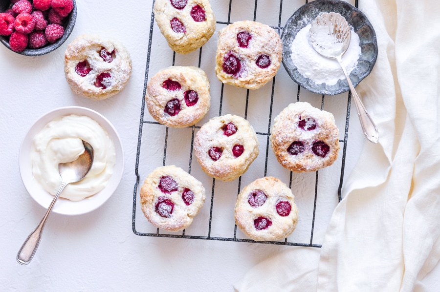 raspberry scones with homemade clotted cream