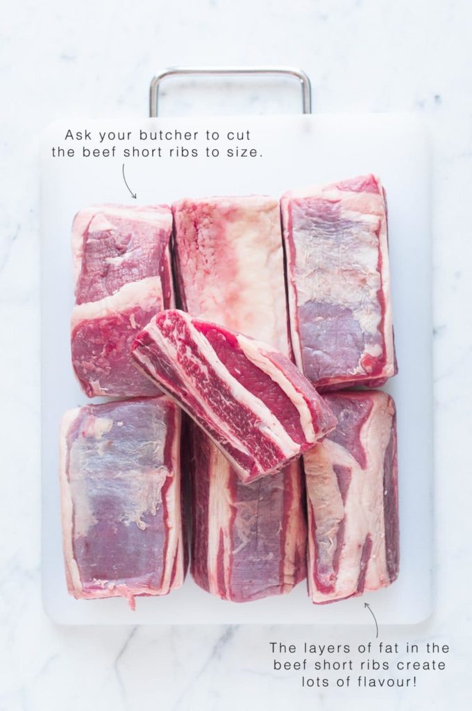 raw beef short ribs on white chopping board