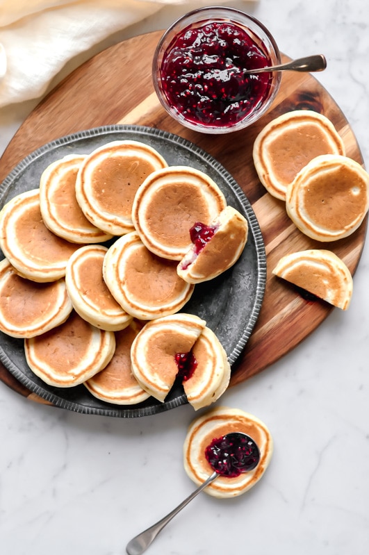jam-filled pikelets with pot of jam