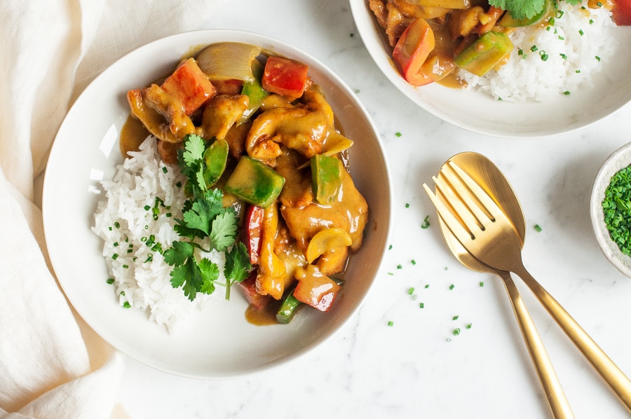 satay chicken stir fry with rice and cilantro