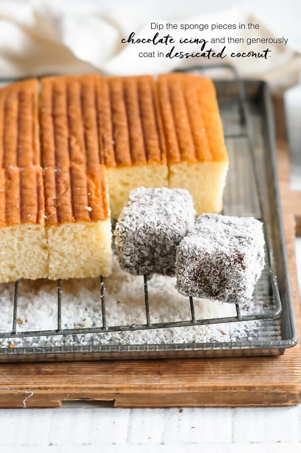 how to make lamingtons, dip the sponges in chocolate icing and coat in dessicated coconut