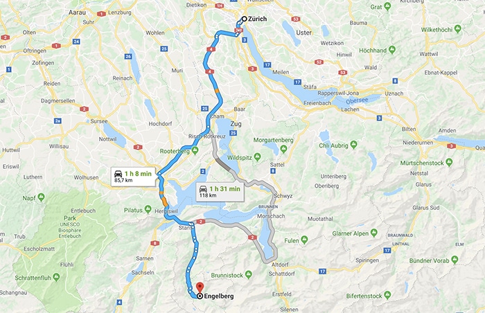 map of route from zurich to engelberg