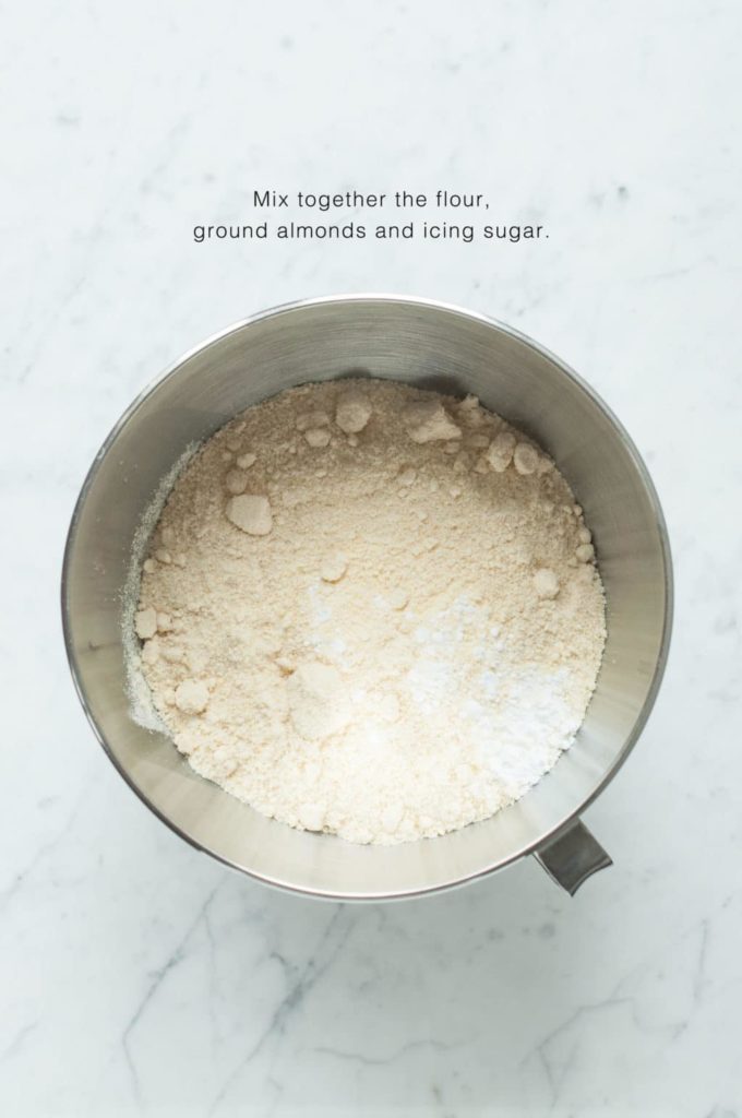 how to make friands, mix together the flour, ground almonds and icing sugar