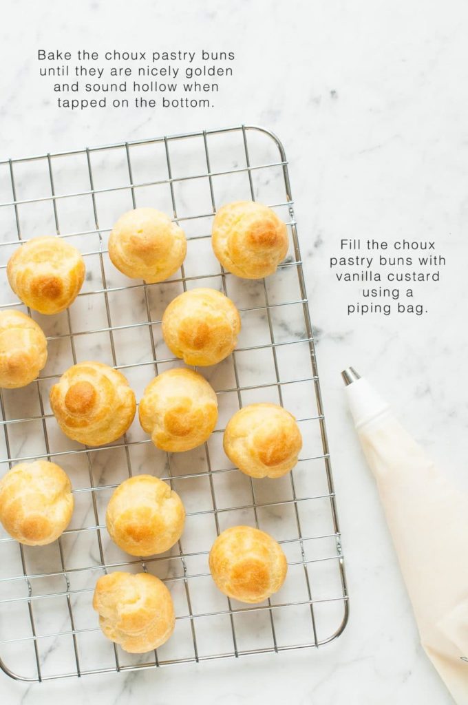 how to make profiteroles, fill the choux pastry buns with vanilla custard