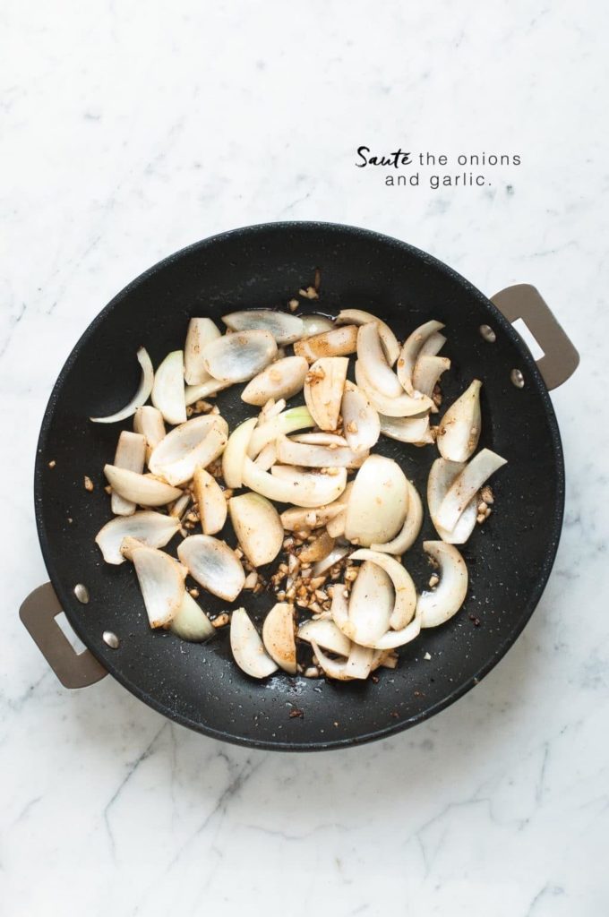 how to make pad see ew, sauteed onions and garlic in non-stick pan