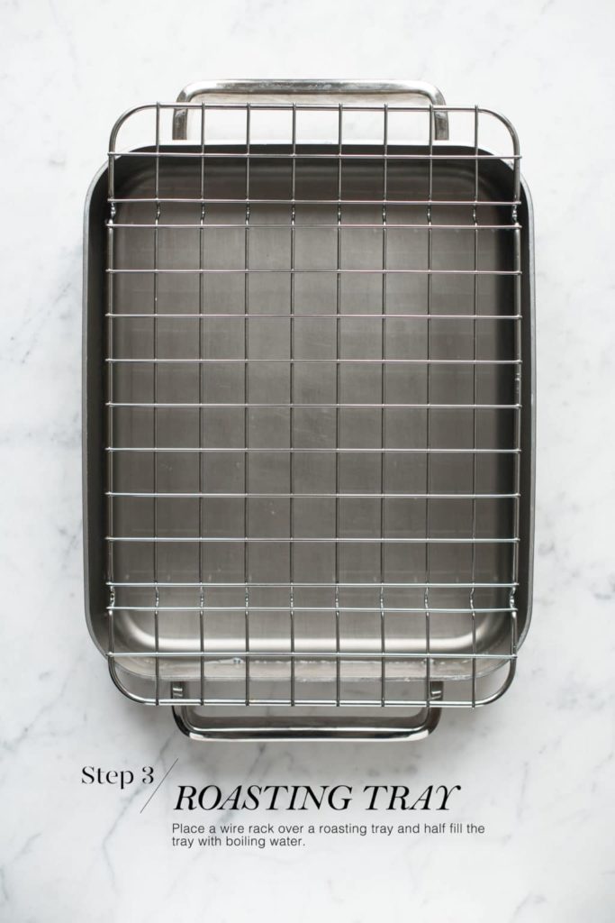 metal roasting tray with wire rack on top