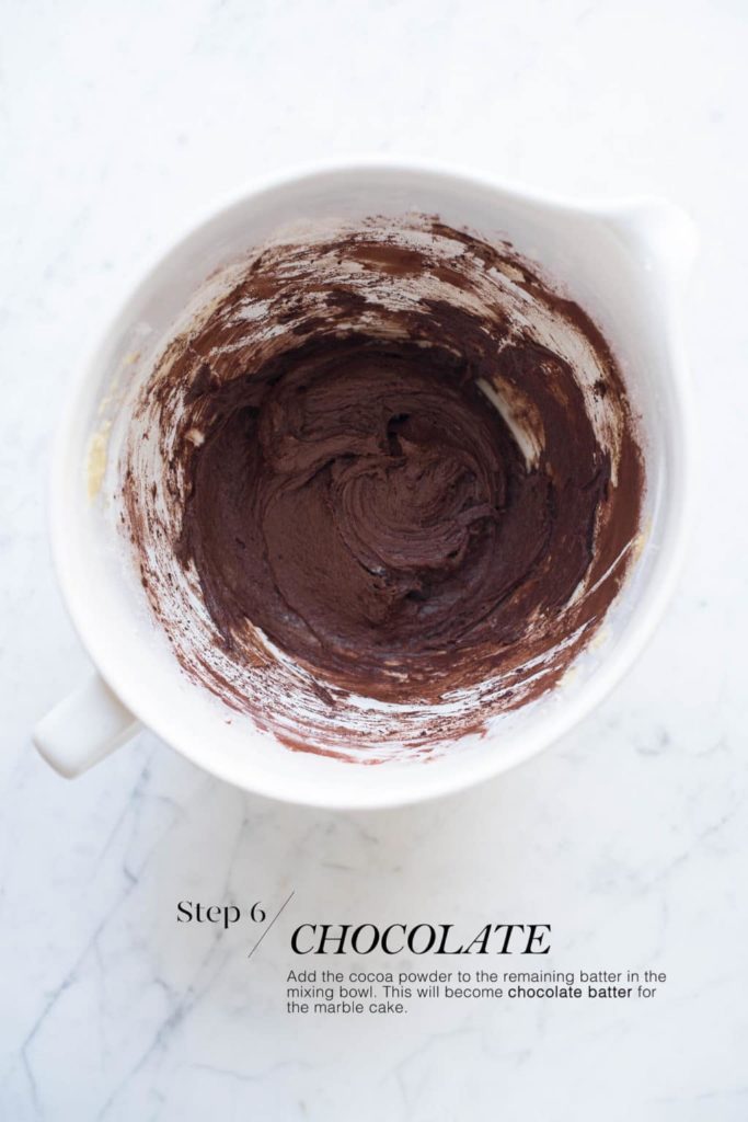 chocolate cake batter in white mixing bowl