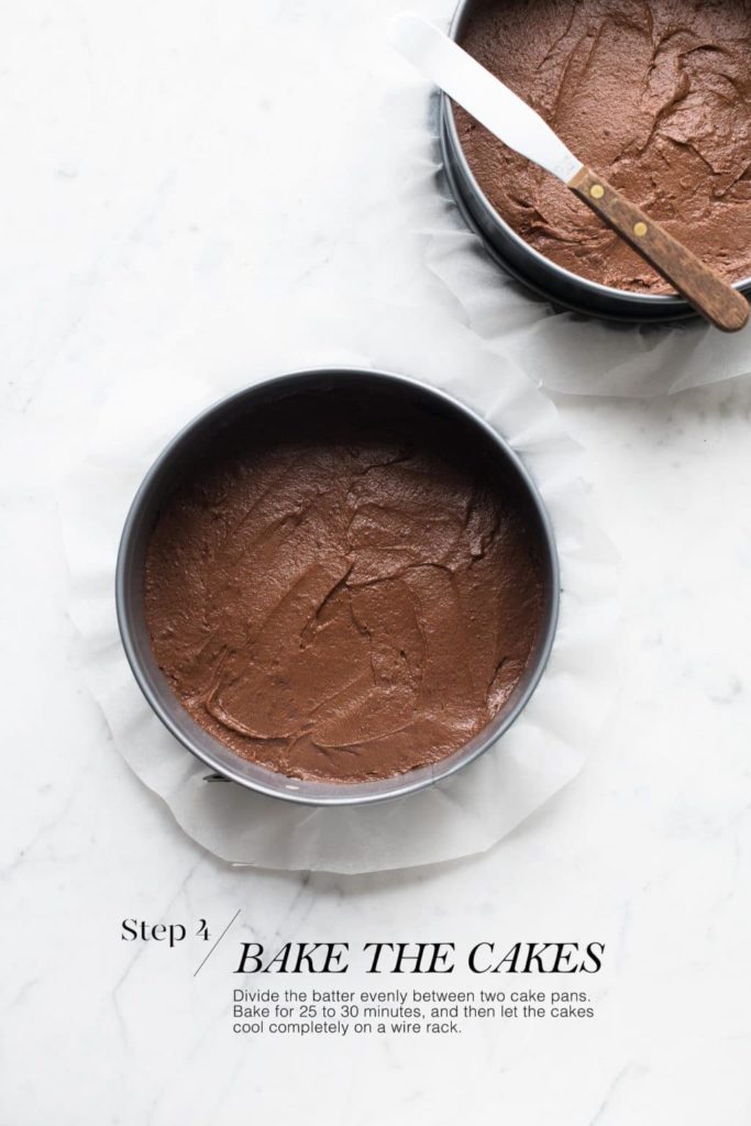chocolate cake batter in cake pans