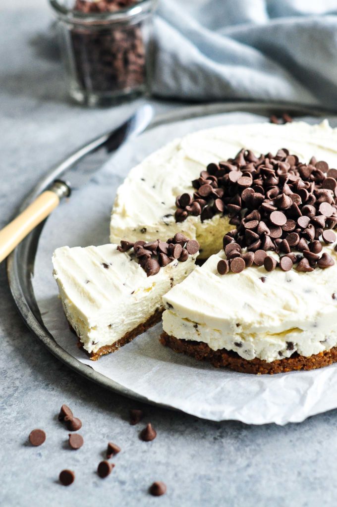 chocolate chip cheesecake sliced on tray