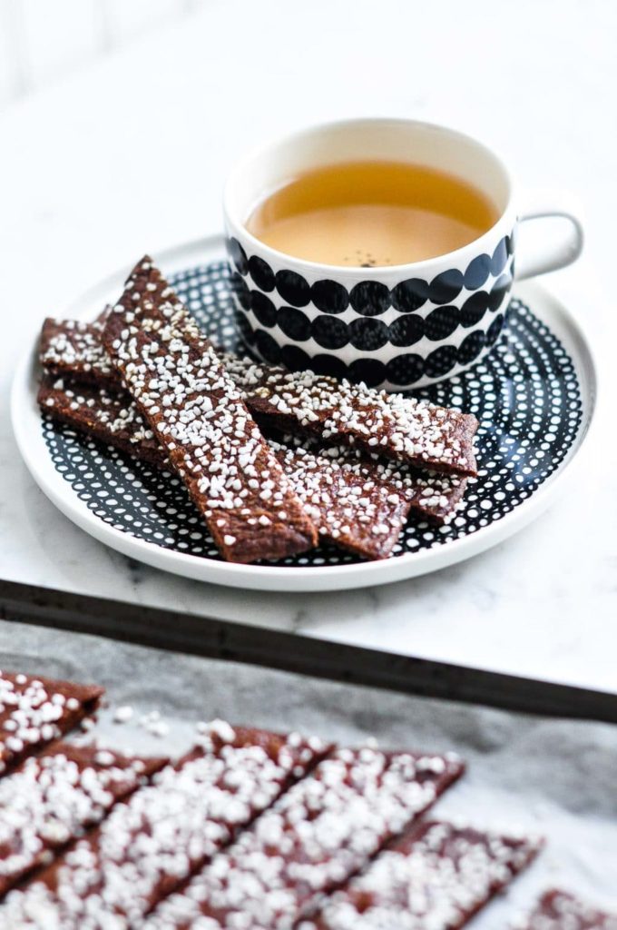 swedish chocolate cookies (chokladsnittar) with marimekko coffee cup