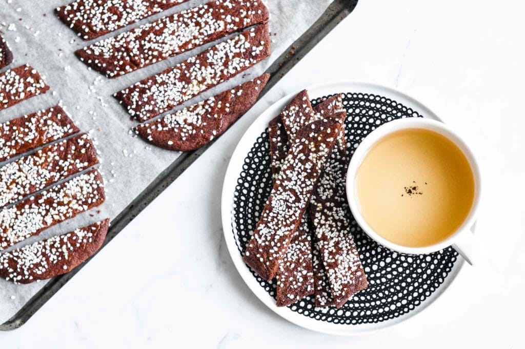 swedish chocolate cookies with cup of tea