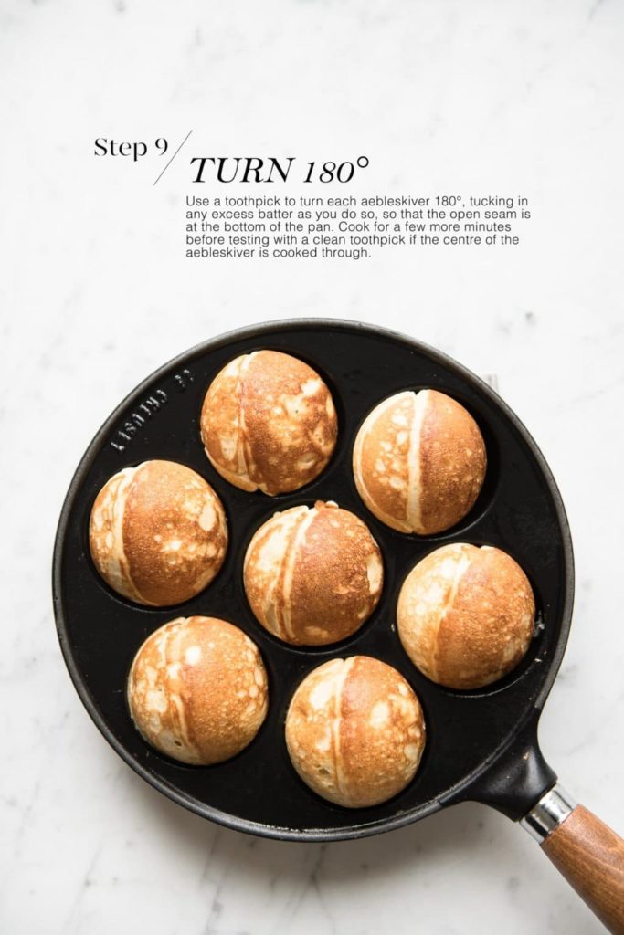 cooked aebleskivers in cast-iron aebleskiver pan