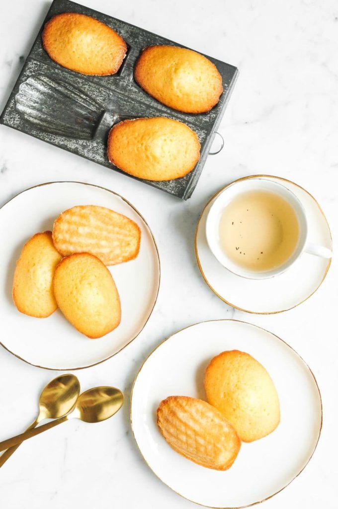 french madeleines with cup of tea