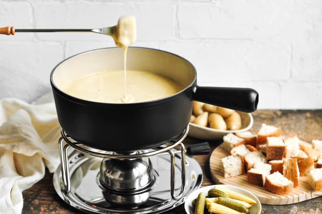 cheese fondue with cornichons